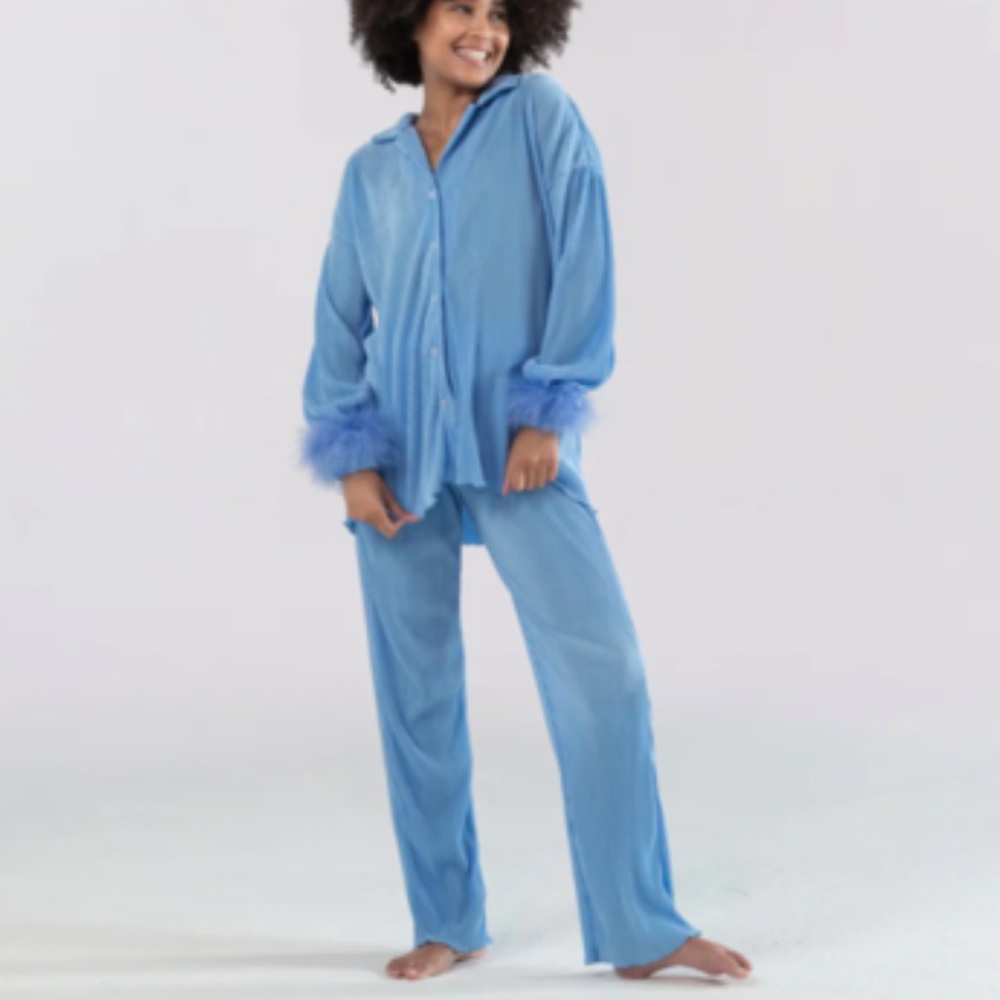 Blue Feather Trim Pajama Set wedding day outfit